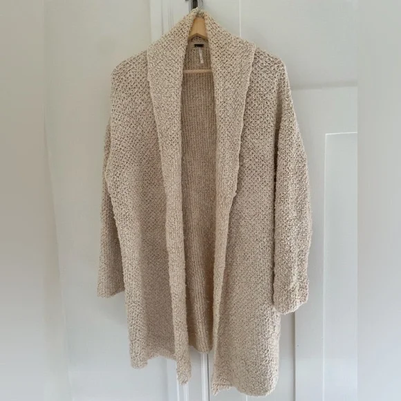Free People Soft Chunky Mixed Yarn Knit Open Longline Cardigan Draped Collar - Picture 3 of 9